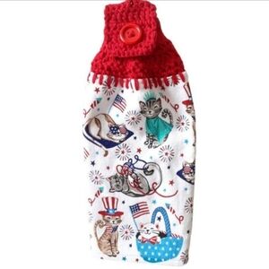 July 4th Cats Dish Towel Red Crochet Towel Topper